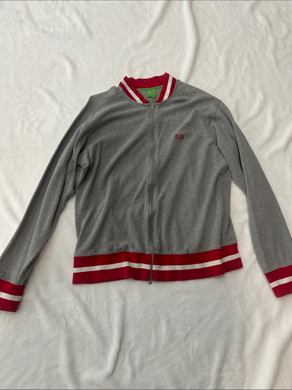 Boss Gray Zip-Front Varsity Jacket with Red & White Trim